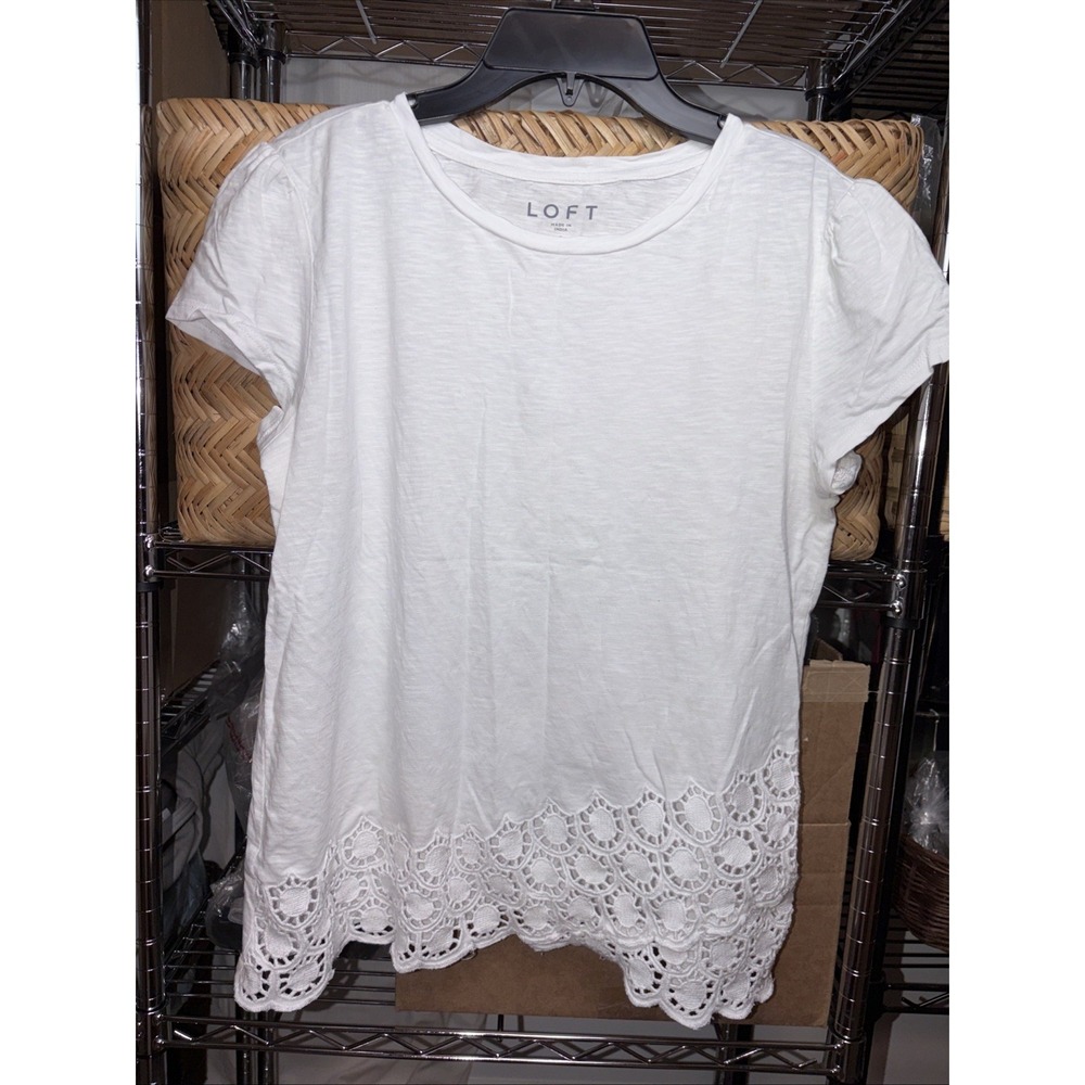 Loft White Short Sleeve Top With Lace Eyelet Embroidered Detail White Small NWOT